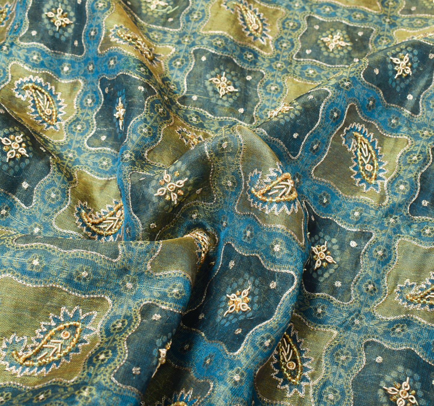 Sushila Vintage Blue Gold Dual Toned Dupatta Pure Tissue Aari Work Long Stole