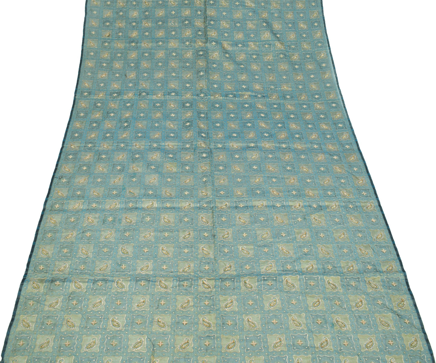 Sushila Vintage Blue Gold Dual Toned Dupatta Pure Tissue Aari Work Long Stole