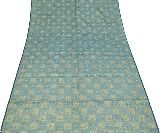 Sushila Vintage Blue Gold Dual Toned Dupatta Pure Tissue Aari Work Long Stole