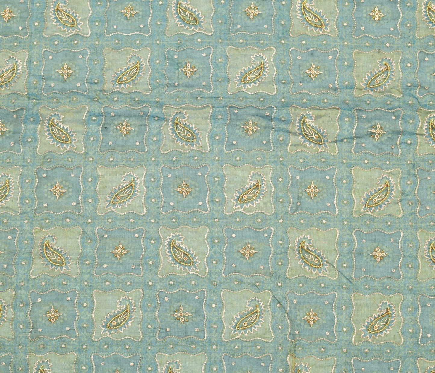 Sushila Vintage Blue Gold Dual Toned Dupatta Pure Tissue Aari Work Long Stole