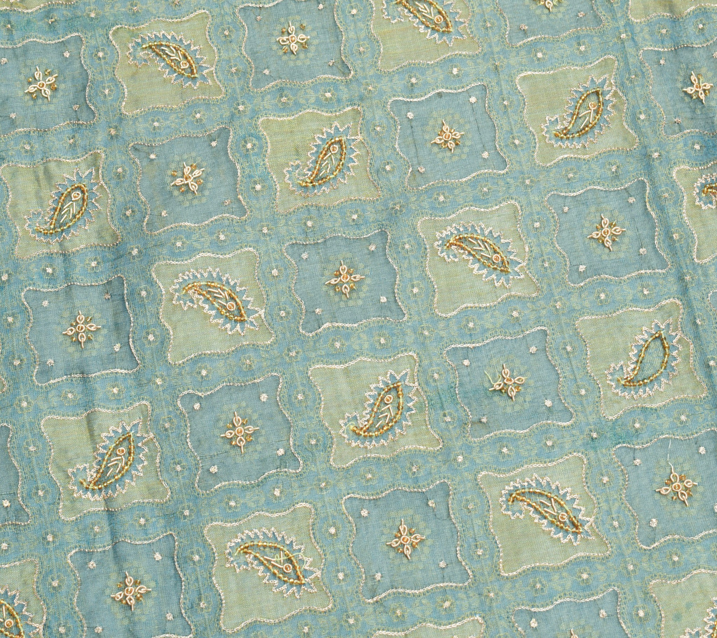 Sushila Vintage Blue Gold Dual Toned Dupatta Pure Tissue Aari Work Long Stole