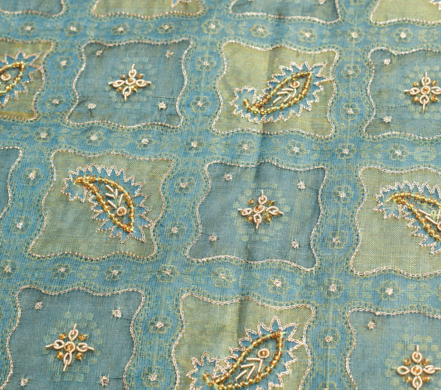 Sushila Vintage Blue Gold Dual Toned Dupatta Pure Tissue Aari Work Long Stole