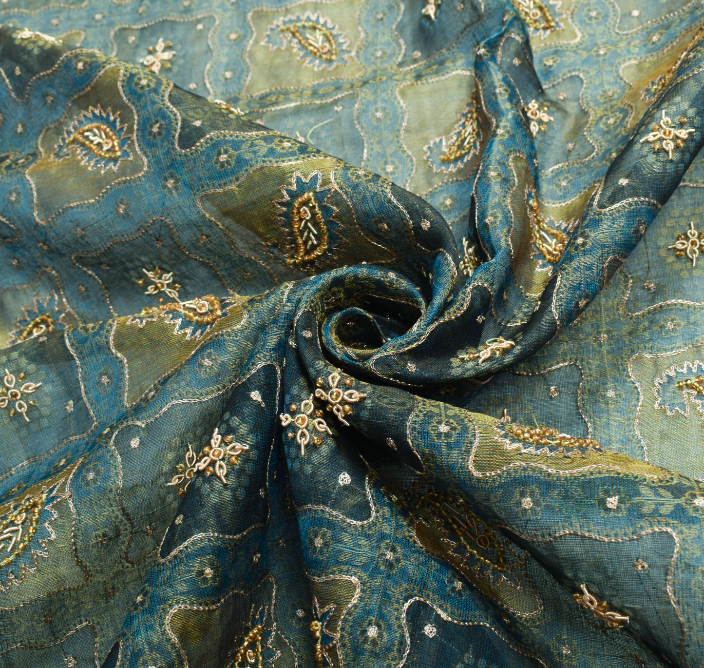 Sushila Vintage Blue Gold Dual Toned Dupatta Pure Tissue Aari Work Long Stole