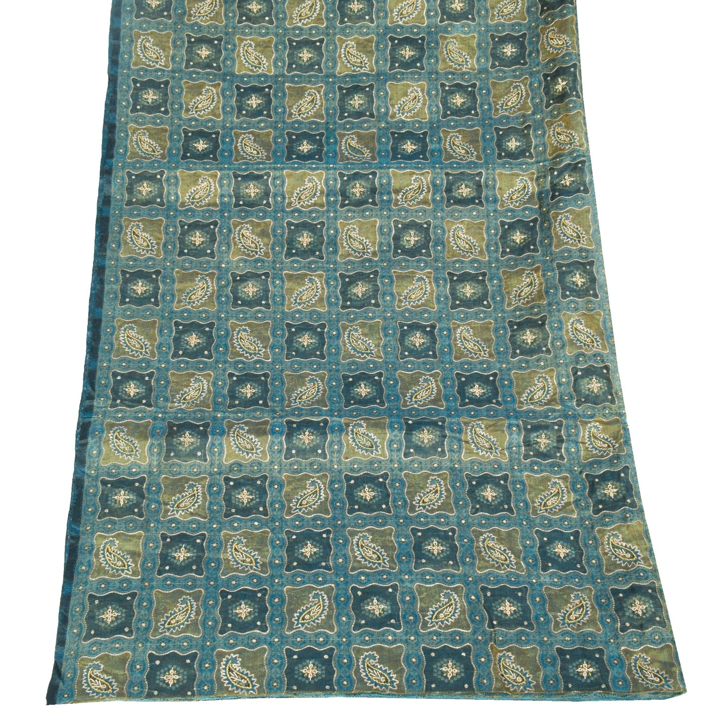 Sushila Vintage Blue Gold Dual Toned Dupatta Pure Tissue Aari Work Long Stole