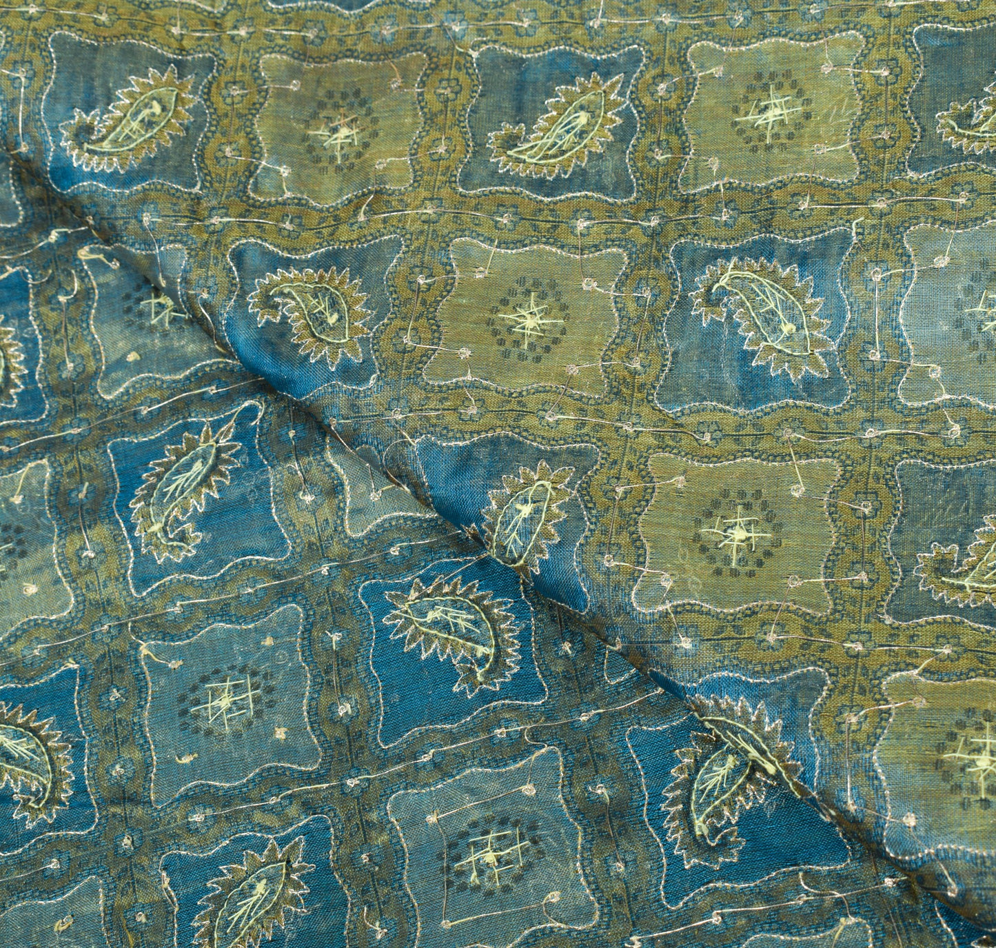 Sushila Vintage Blue Gold Dual Toned Dupatta Pure Tissue Aari Work Long Stole