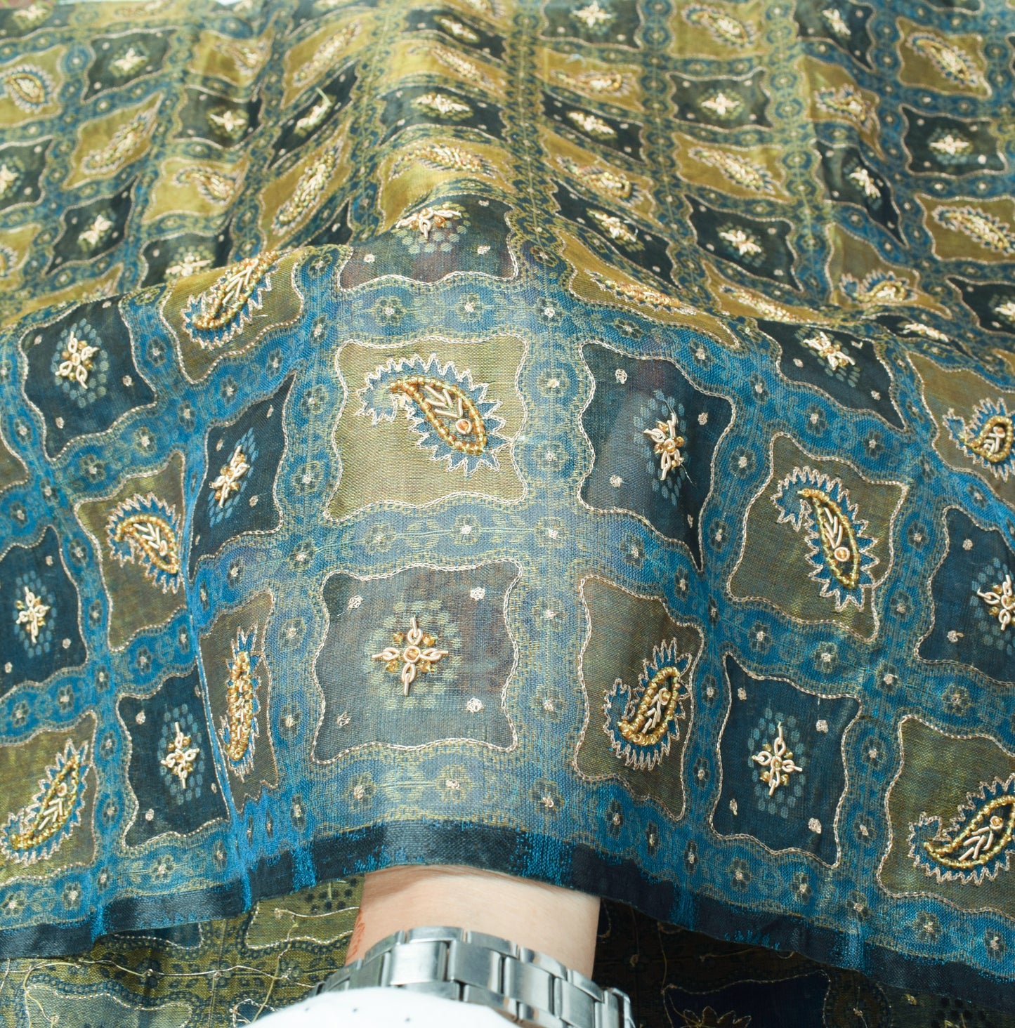 Sushila Vintage Blue Gold Dual Toned Dupatta Pure Tissue Aari Work Long Stole