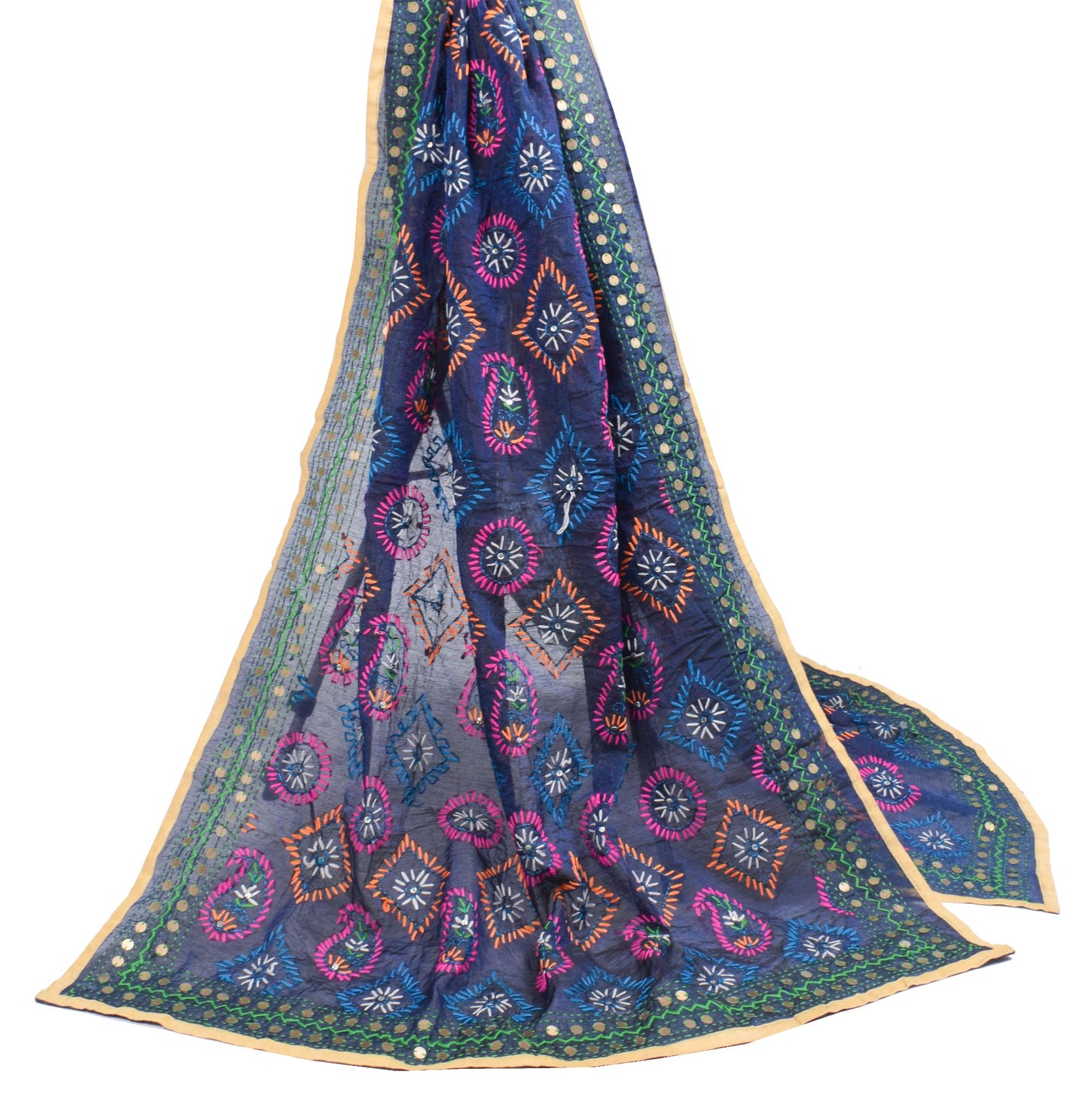 Sushila Vintage Dark Blue Dupatta Art Silk Handmade Phulkari OOAK Long Stole