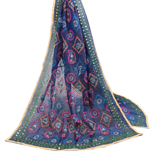 Sushila Vintage Dark Blue Dupatta Art Silk Handmade Phulkari OOAK Long Stole