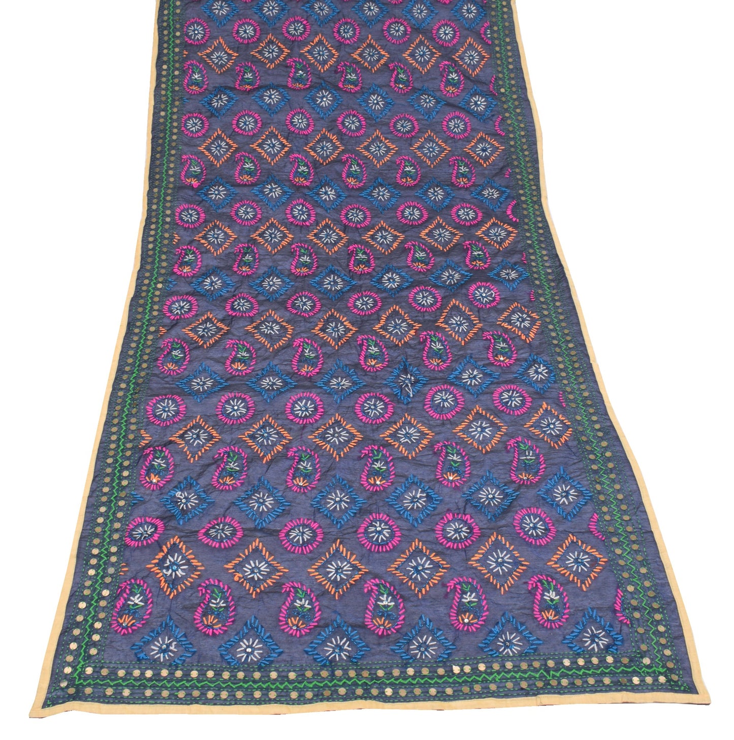 Sushila Vintage Dark Blue Dupatta Art Silk Handmade Phulkari OOAK Long Stole
