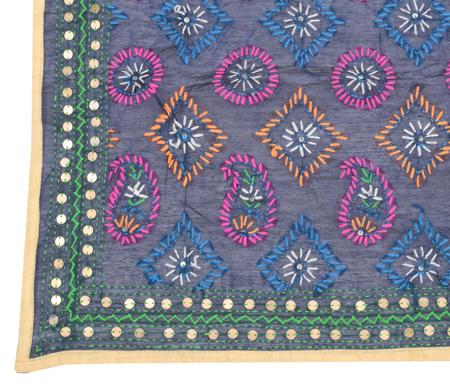 Sushila Vintage Dark Blue Dupatta Art Silk Handmade Phulkari OOAK Long Stole