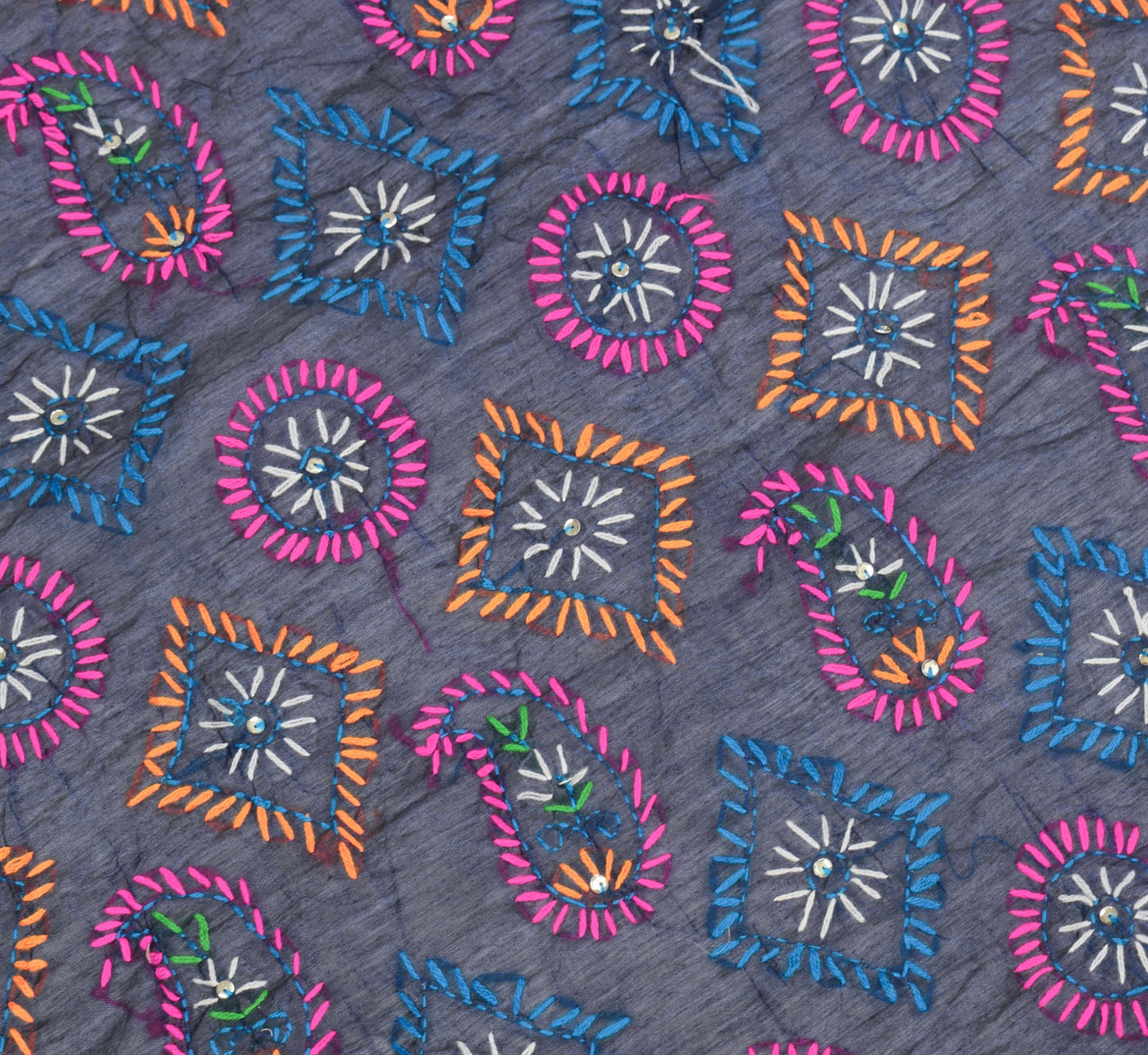 Sushila Vintage Dark Blue Dupatta Art Silk Handmade Phulkari OOAK Long Stole