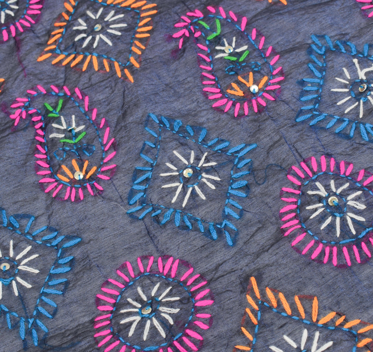 Sushila Vintage Dark Blue Dupatta Art Silk Handmade Phulkari OOAK Long Stole