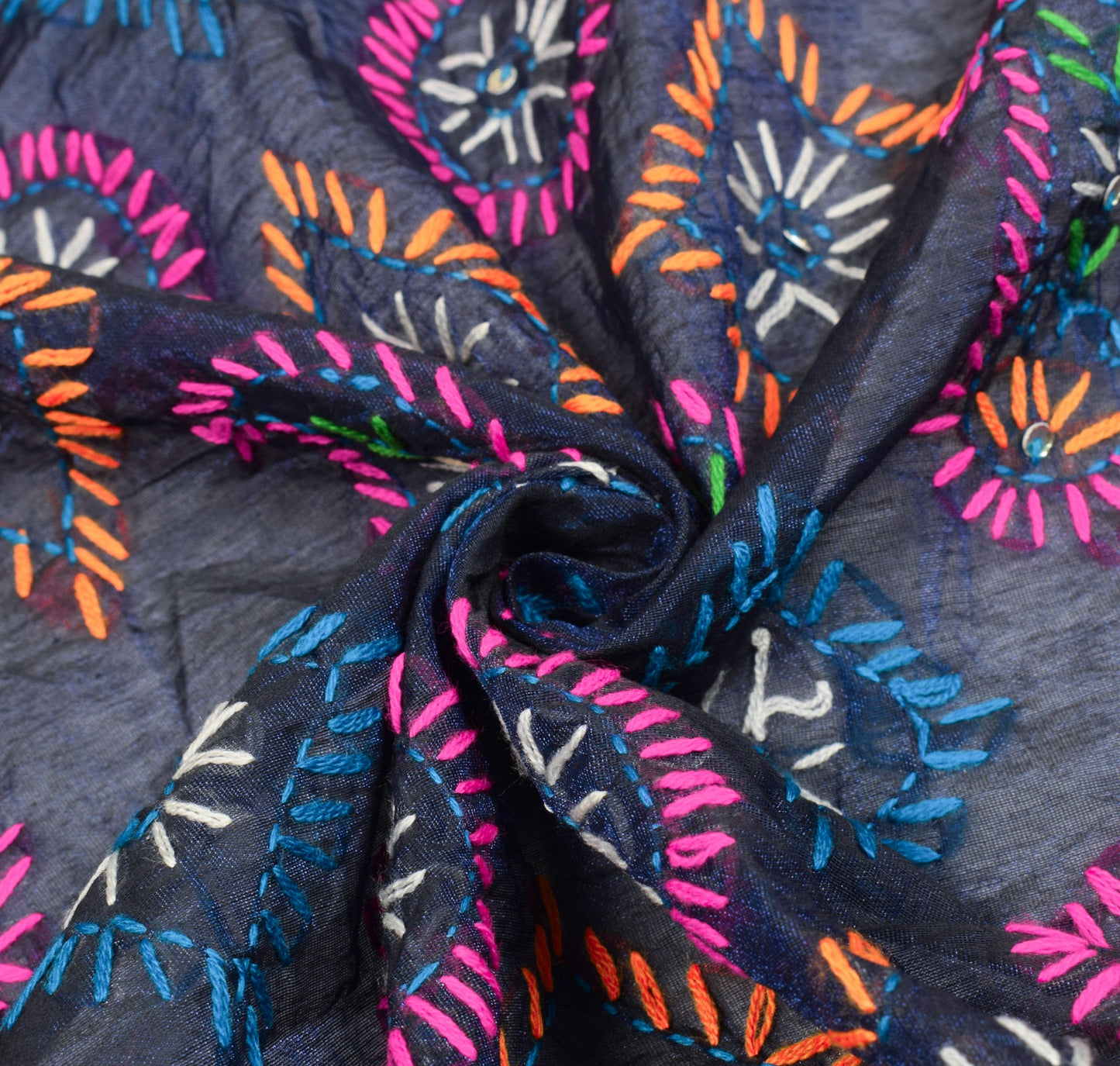 Sushila Vintage Dark Blue Dupatta Art Silk Handmade Phulkari OOAK Long Stole