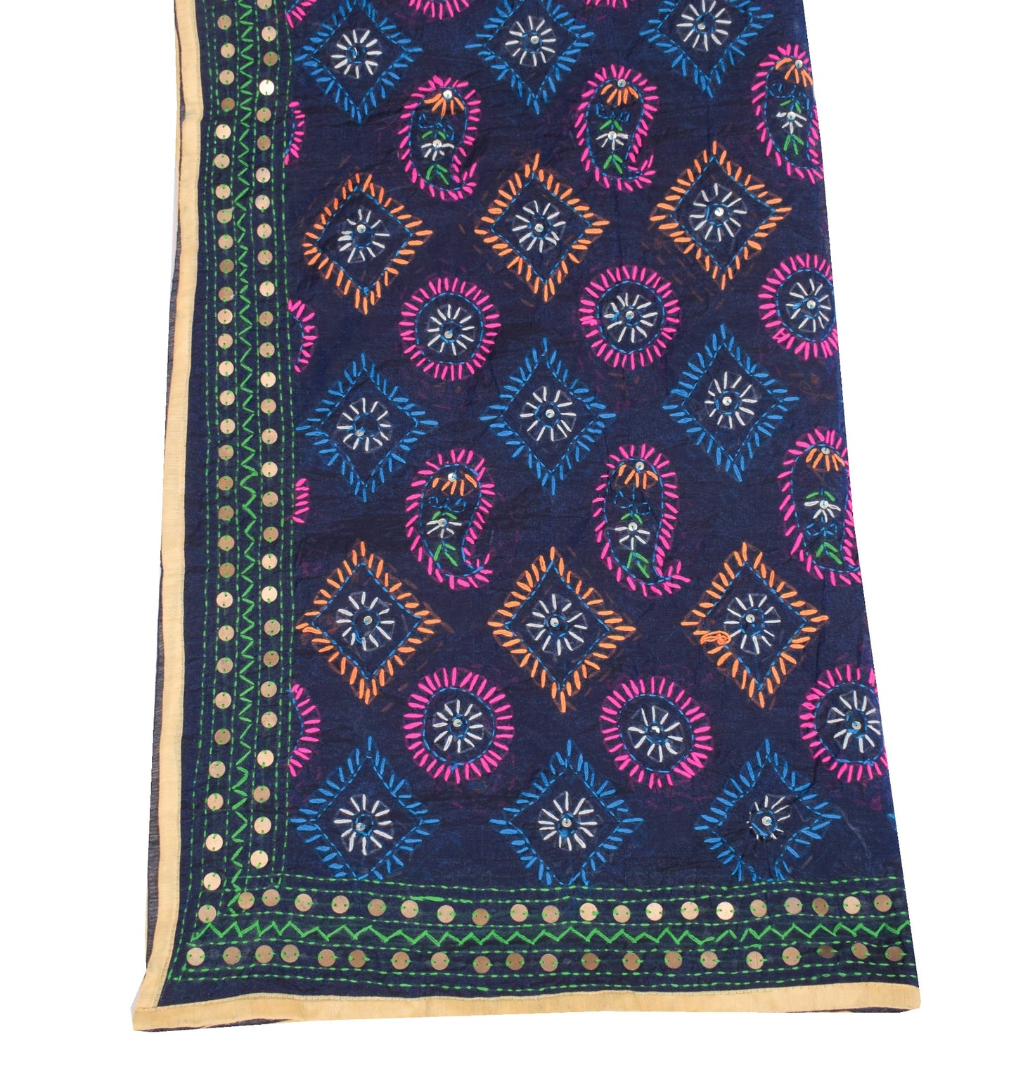 Sushila Vintage Dark Blue Dupatta Art Silk Handmade Phulkari OOAK Long Stole