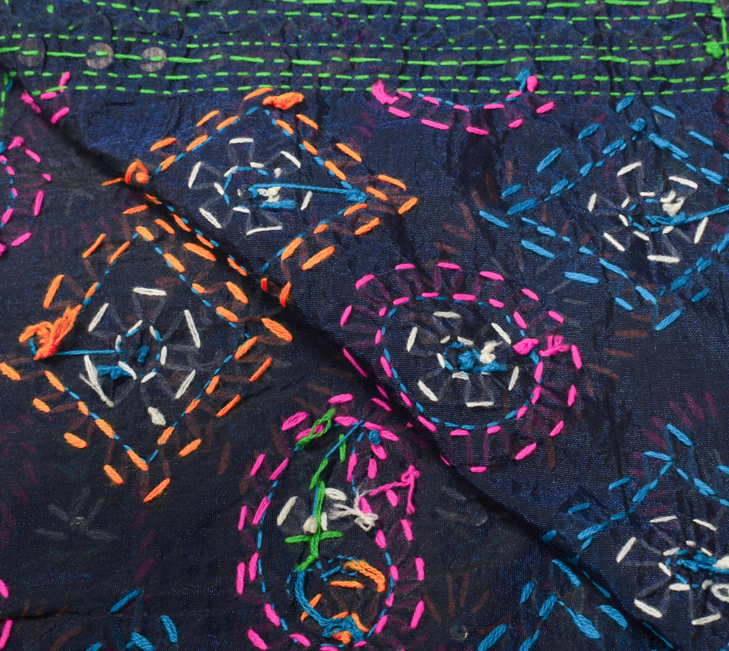 Sushila Vintage Dark Blue Dupatta Art Silk Handmade Phulkari OOAK Long Stole