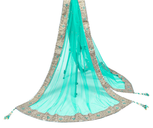 Sushila Vintage Turq. Green Plain Dupatta with Hand Beaded Border Net Long Stole