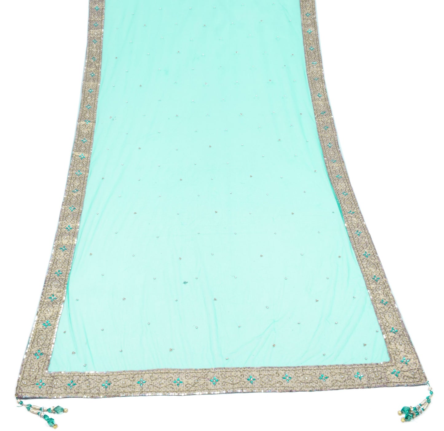 Sushila Vintage Turq. Green Plain Dupatta with Hand Beaded Border Net Long Stole