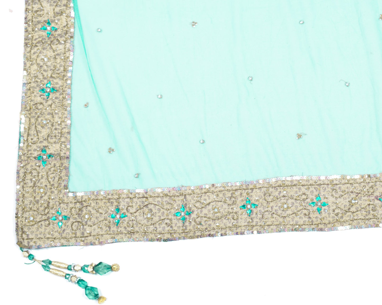Sushila Vintage Turq. Green Plain Dupatta with Hand Beaded Border Net Long Stole