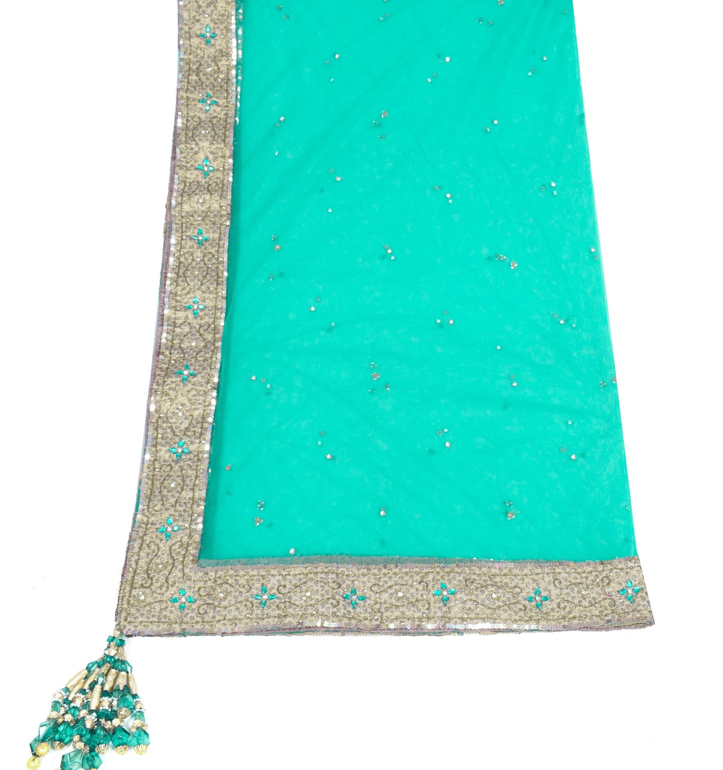 Sushila Vintage Turq. Green Plain Dupatta with Hand Beaded Border Net Long Stole