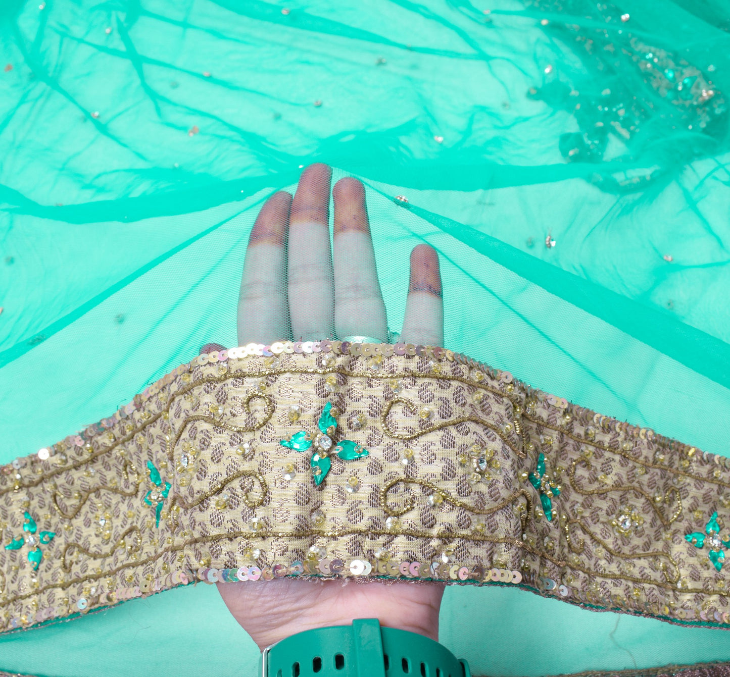 Sushila Vintage Turq. Green Plain Dupatta with Hand Beaded Border Net Long Stole