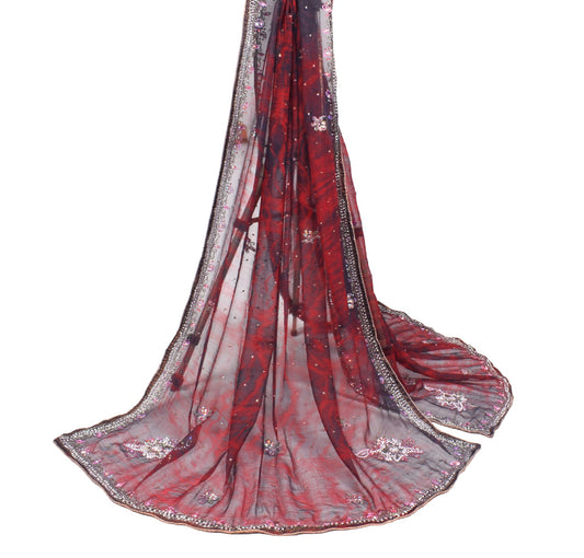 Sushila Vintage Red Black Tie-Dye Dupatta Pure Chiffon Hand Beaded Long Stole