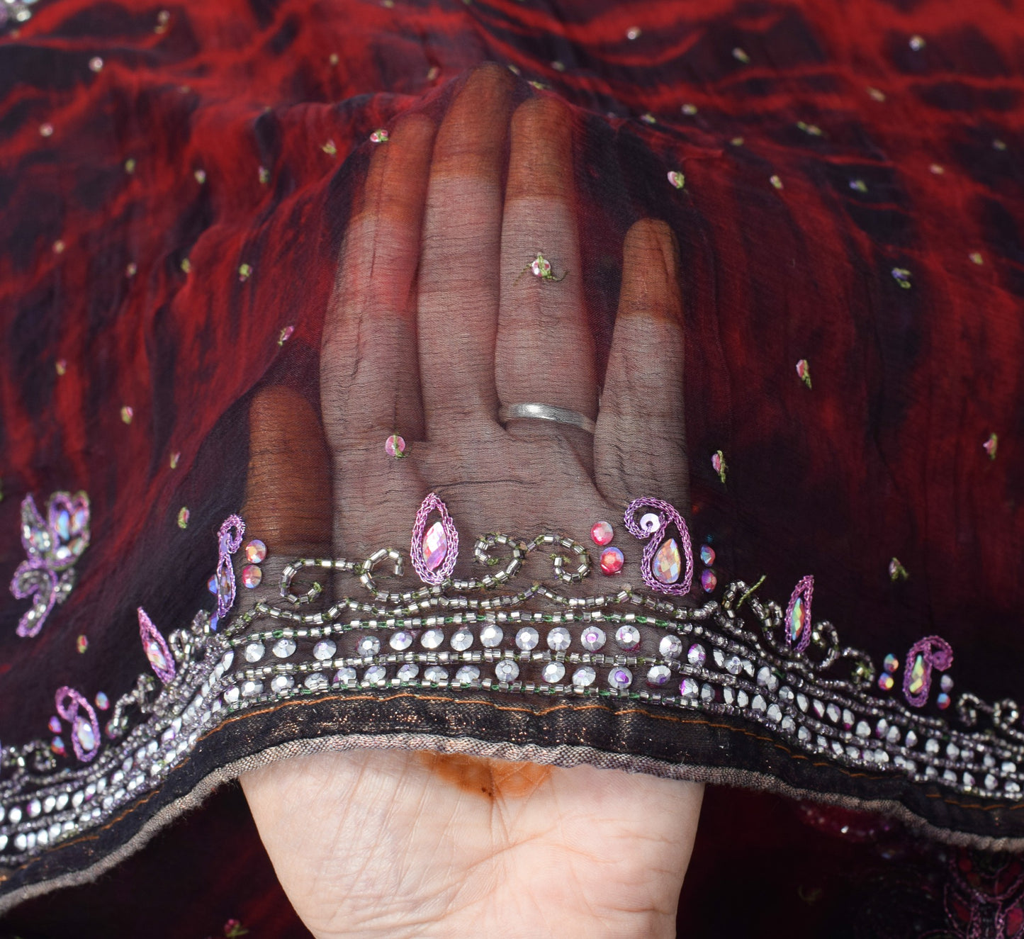 Sushila Vintage Red Black Tie-Dye Dupatta Pure Chiffon Hand Beaded Long Stole