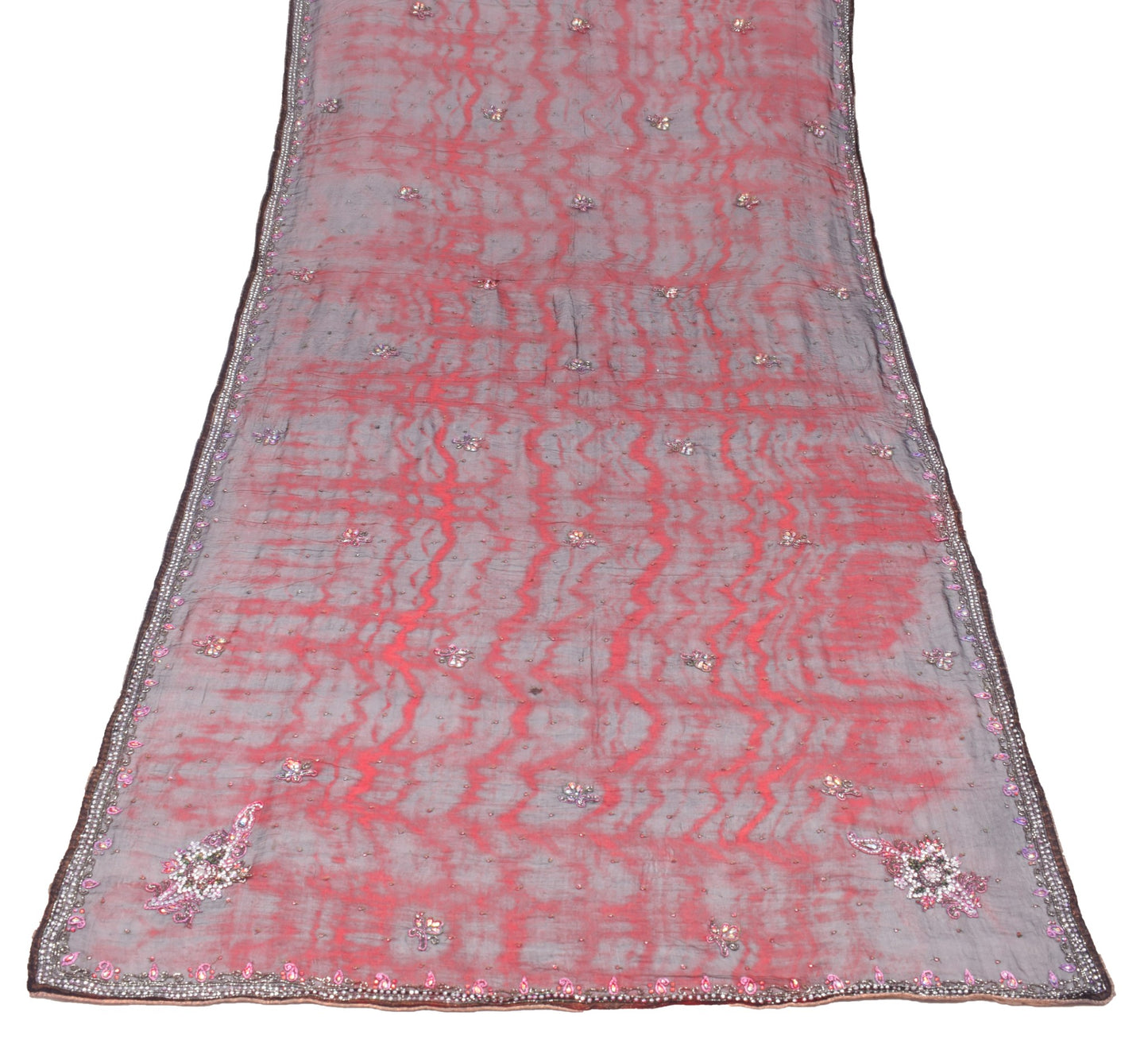 Sushila Vintage Red Black Tie-Dye Dupatta Pure Chiffon Hand Beaded Long Stole