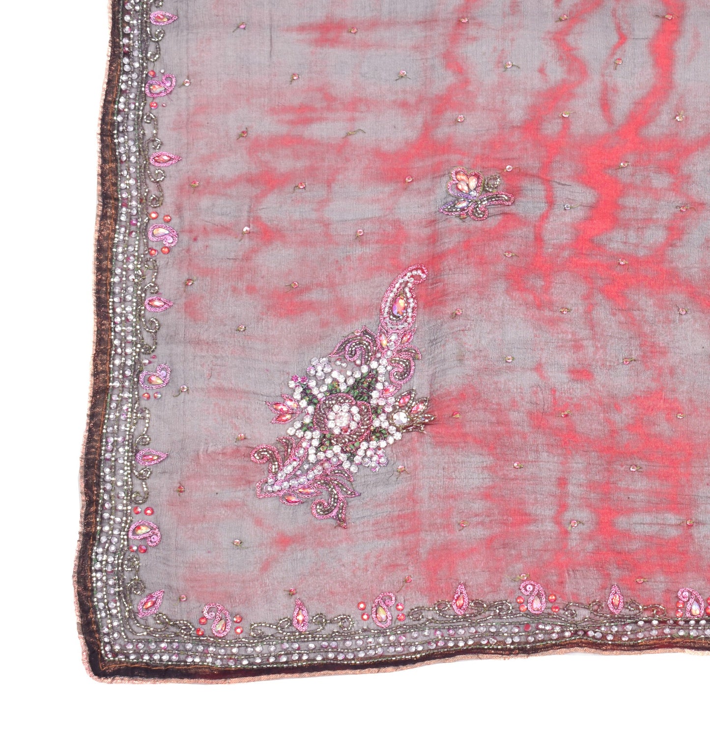 Sushila Vintage Red Black Tie-Dye Dupatta Pure Chiffon Hand Beaded Long Stole