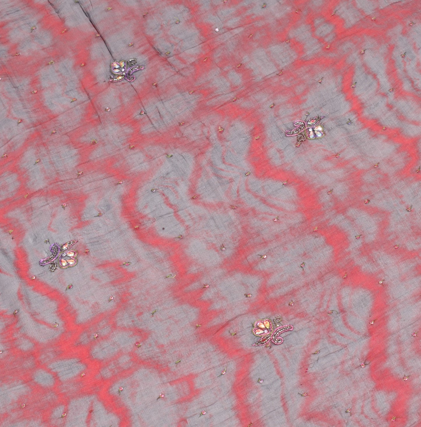 Sushila Vintage Red Black Tie-Dye Dupatta Pure Chiffon Hand Beaded Long Stole