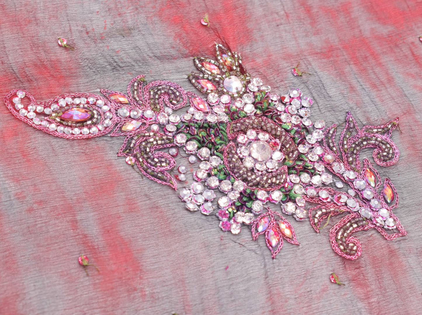 Sushila Vintage Red Black Tie-Dye Dupatta Pure Chiffon Hand Beaded Long Stole