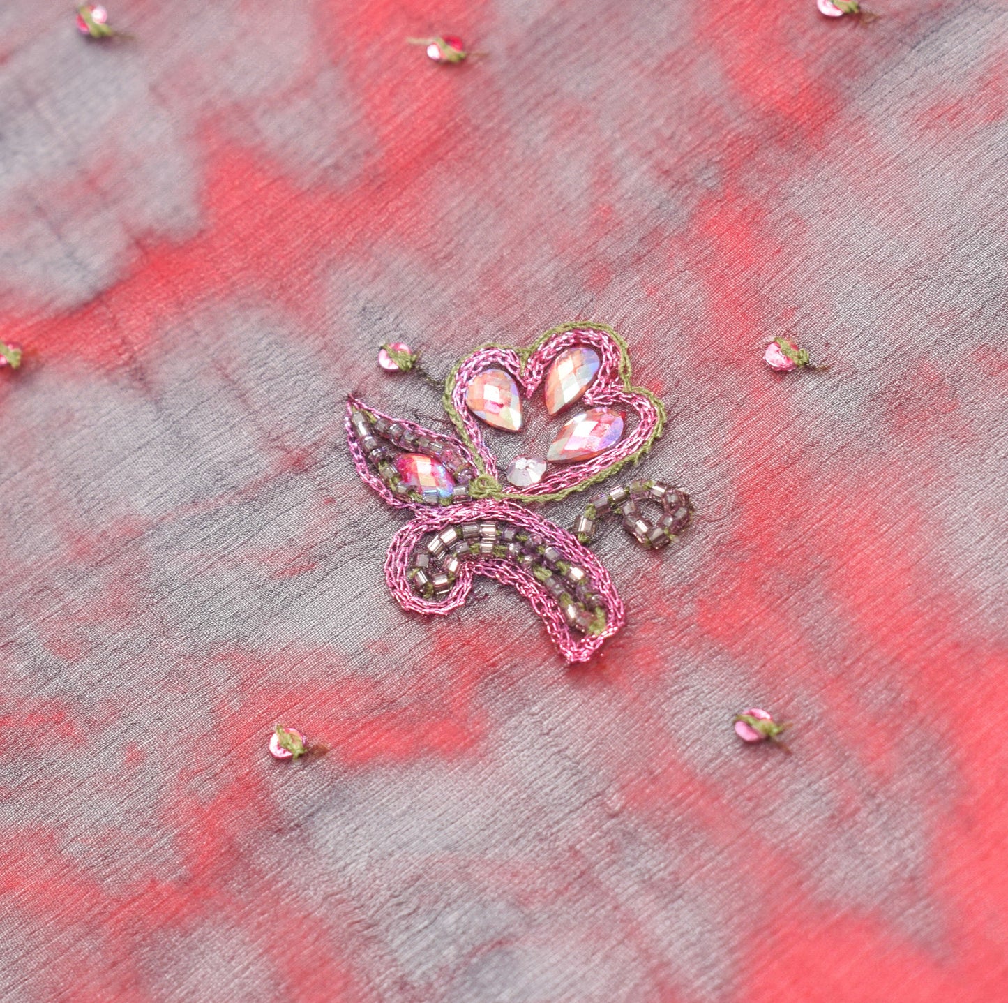 Sushila Vintage Red Black Tie-Dye Dupatta Pure Chiffon Hand Beaded Long Stole