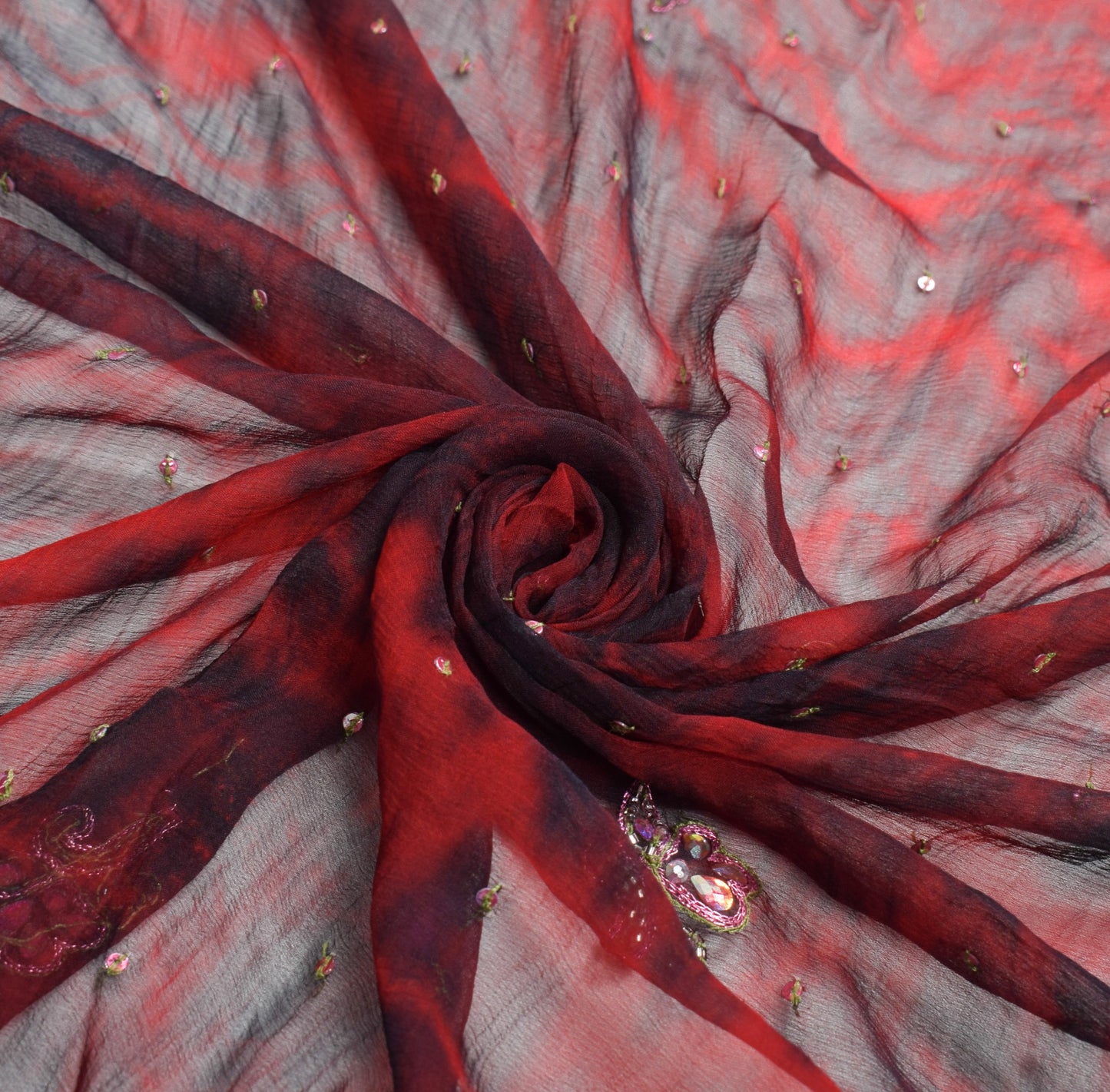 Sushila Vintage Red Black Tie-Dye Dupatta Pure Chiffon Hand Beaded Long Stole