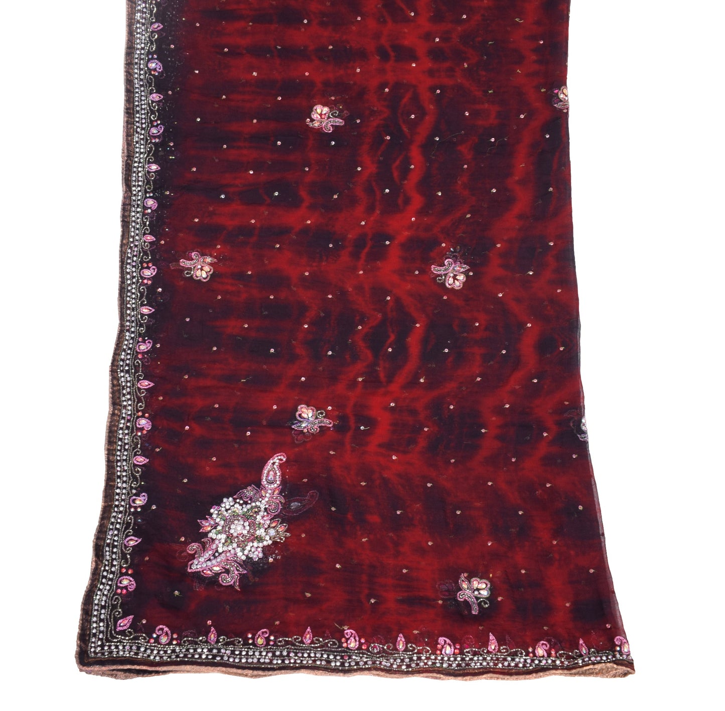 Sushila Vintage Red Black Tie-Dye Dupatta Pure Chiffon Hand Beaded Long Stole