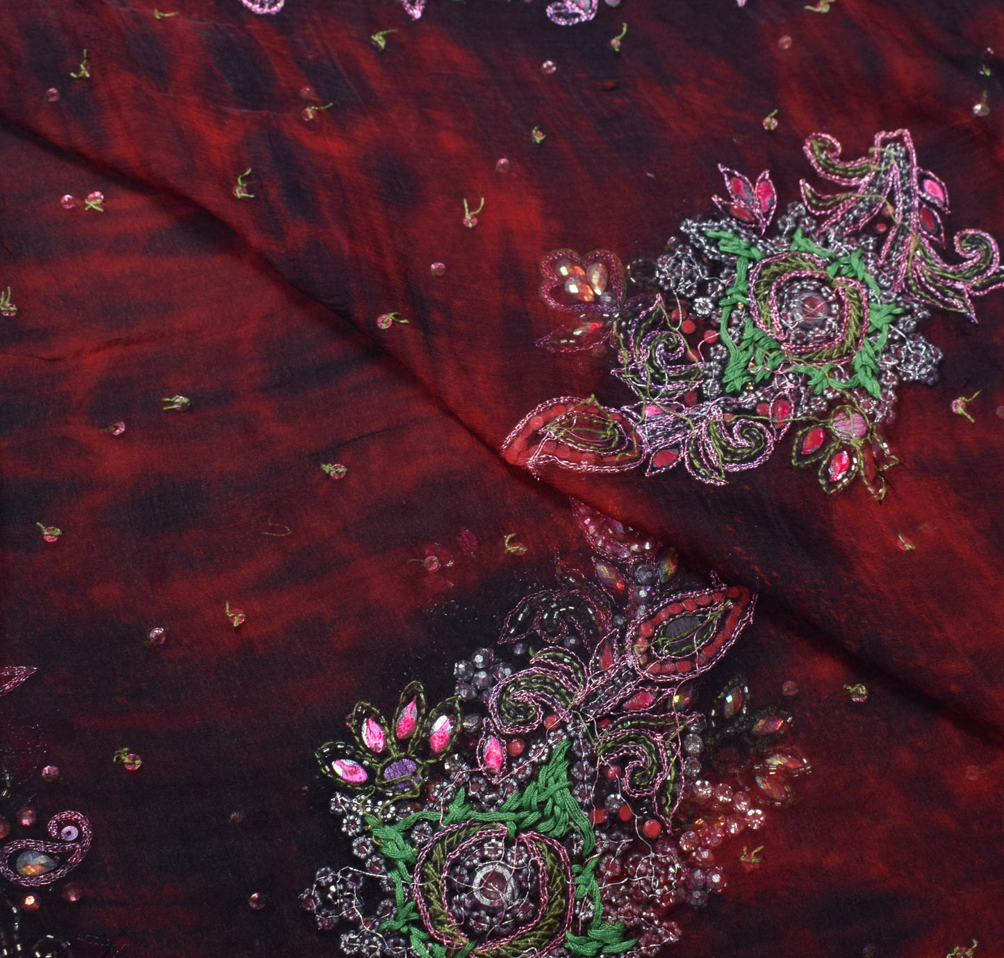 Sushila Vintage Red Black Tie-Dye Dupatta Pure Chiffon Hand Beaded Long Stole