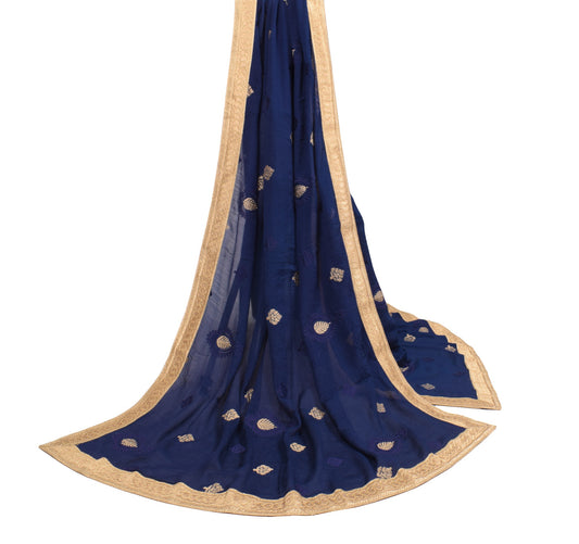 Sushila Vintage Dark Blue Embroidered Dupatta Gold Lace Pure Chiffon Long Stole