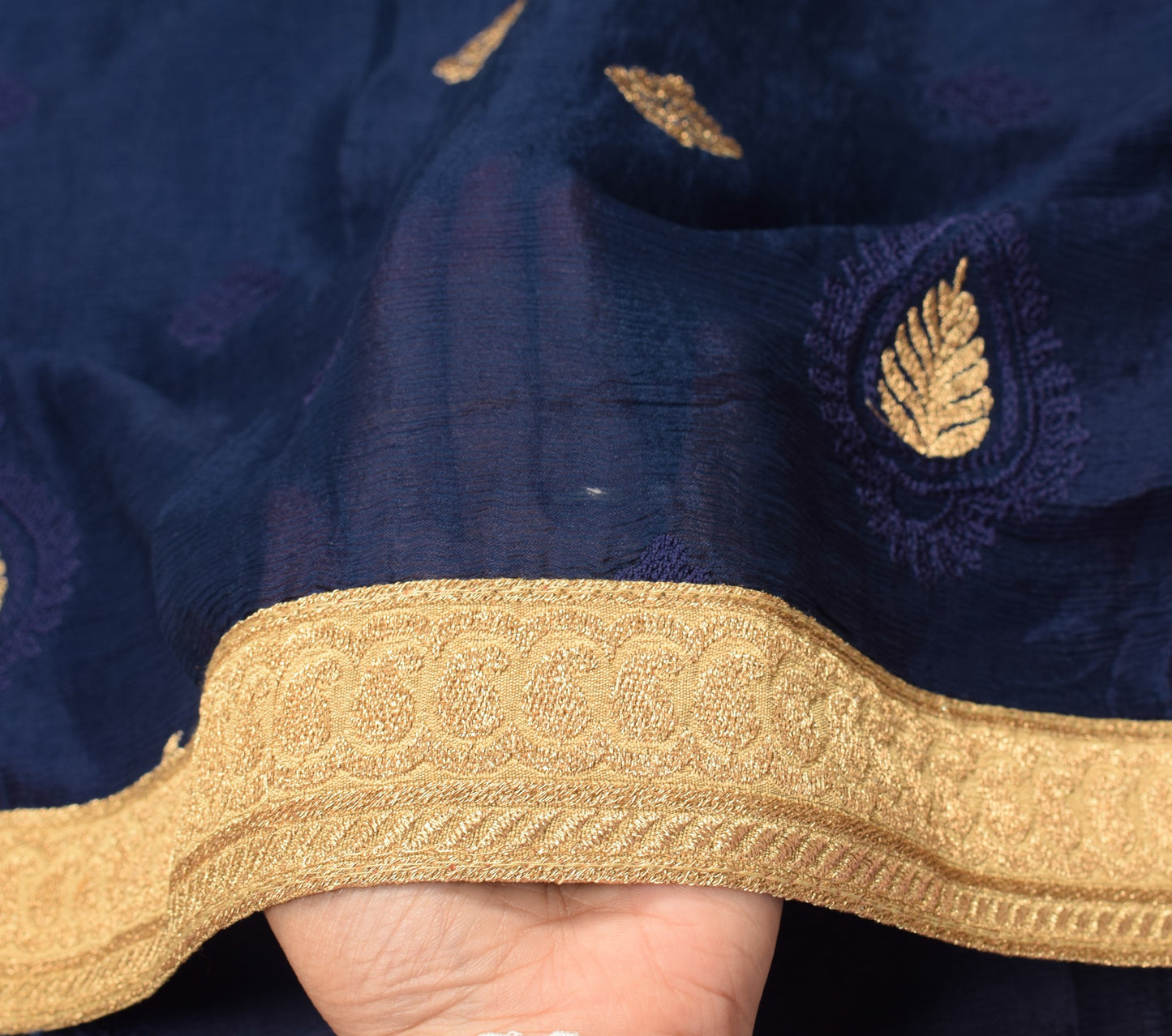 Sushila Vintage Dark Blue Embroidered Dupatta Gold Lace Pure Chiffon Long Stole