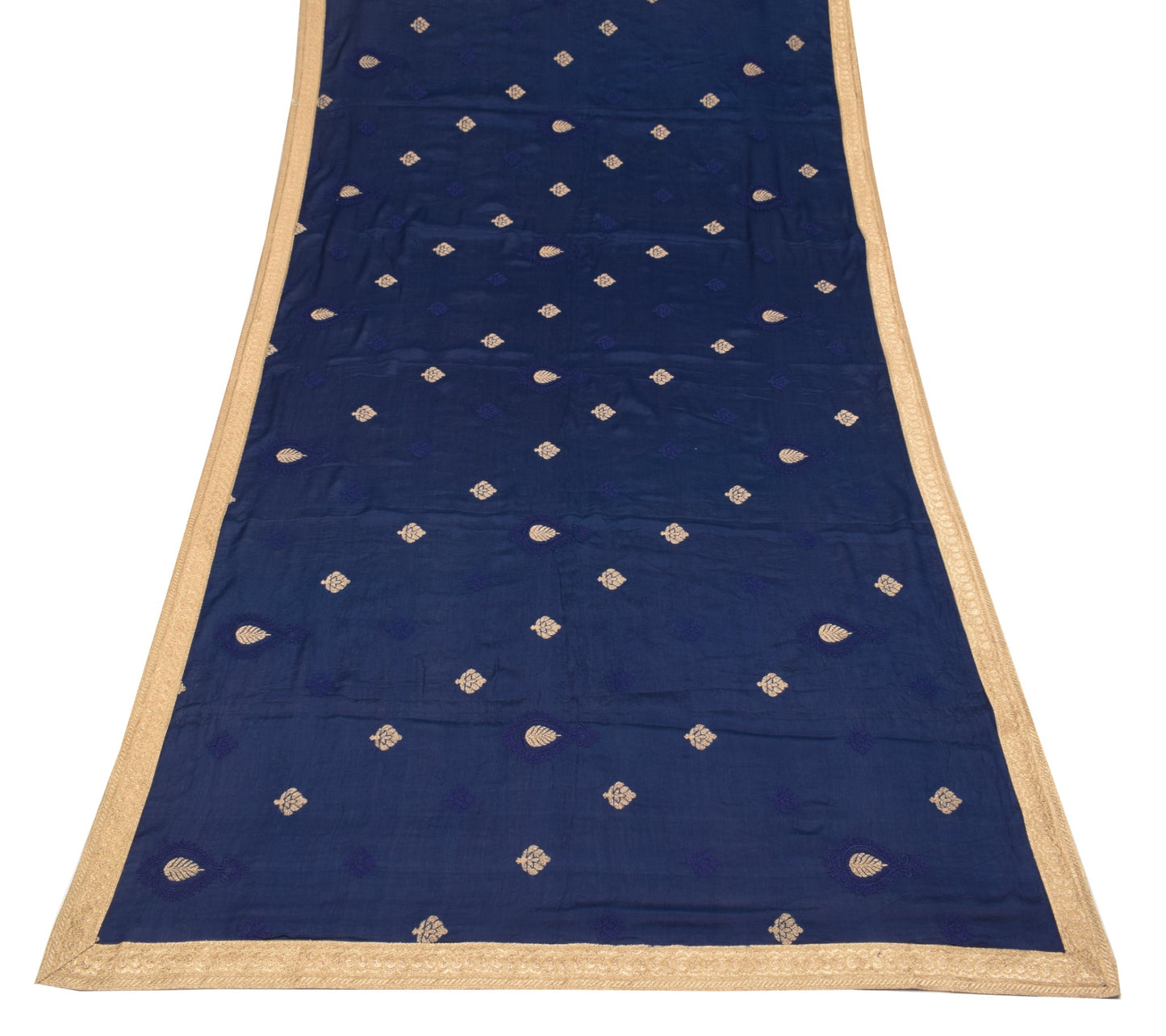 Sushila Vintage Dark Blue Embroidered Dupatta Gold Lace Pure Chiffon Long Stole