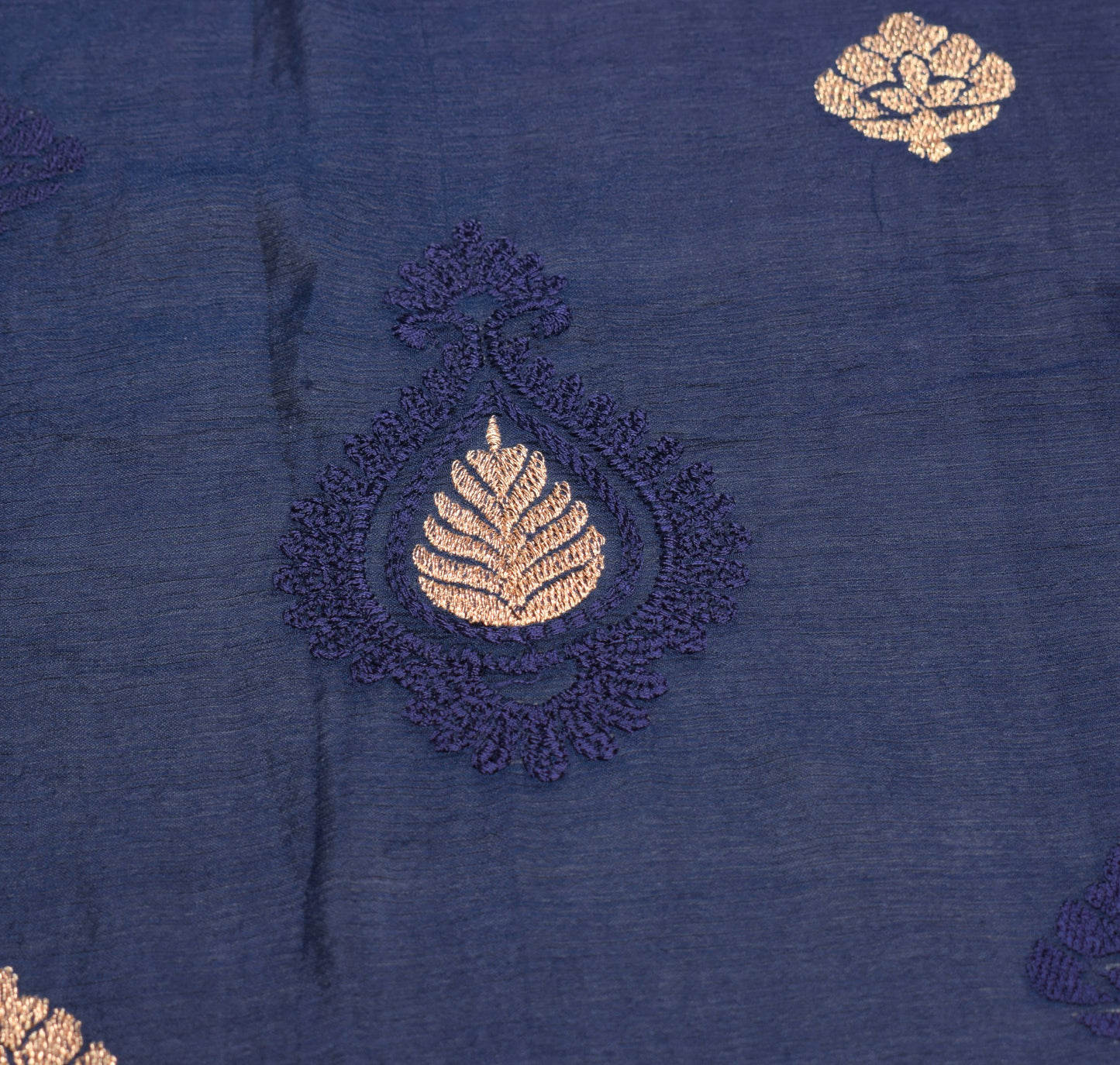 Sushila Vintage Dark Blue Embroidered Dupatta Gold Lace Pure Chiffon Long Stole