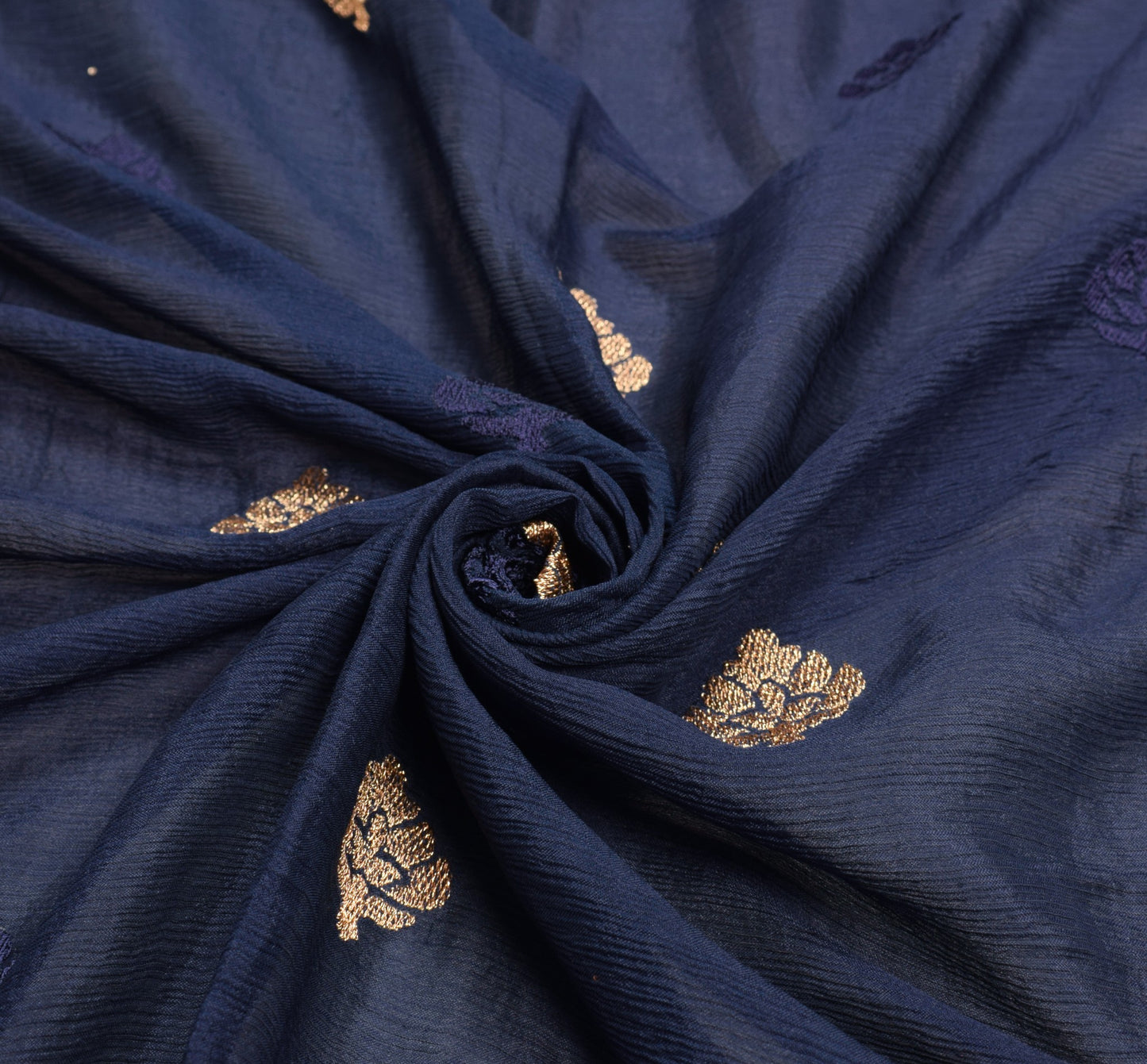 Sushila Vintage Dark Blue Embroidered Dupatta Gold Lace Pure Chiffon Long Stole