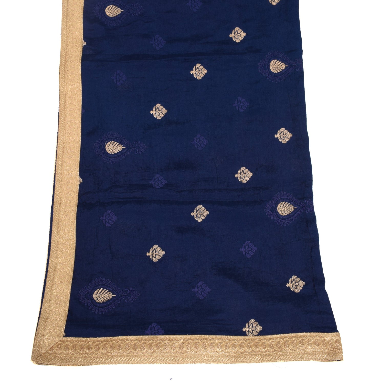 Sushila Vintage Dark Blue Embroidered Dupatta Gold Lace Pure Chiffon Long Stole