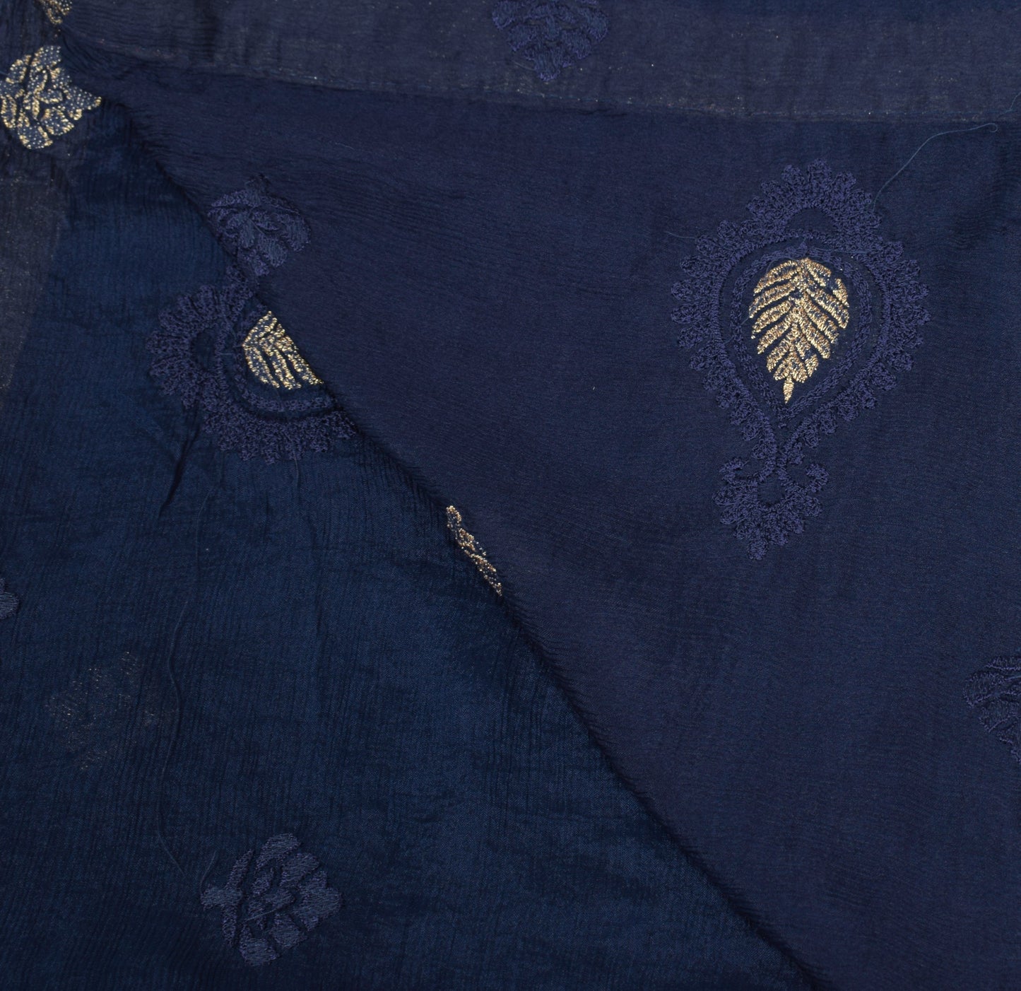 Sushila Vintage Dark Blue Embroidered Dupatta Gold Lace Pure Chiffon Long Stole