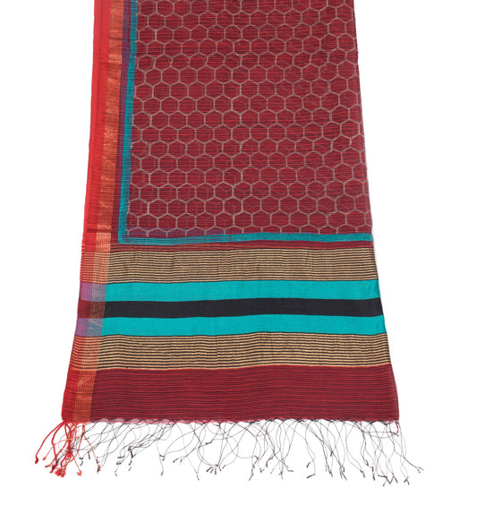Sushila Vintage Maroon Woven Dupatta Art Cotton Silk Woven Stripes Long Stole