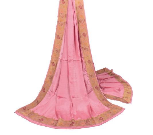 Sushila Vintage Pink Dupatta with Floral Woven Border Pure Chiffon Long Stole