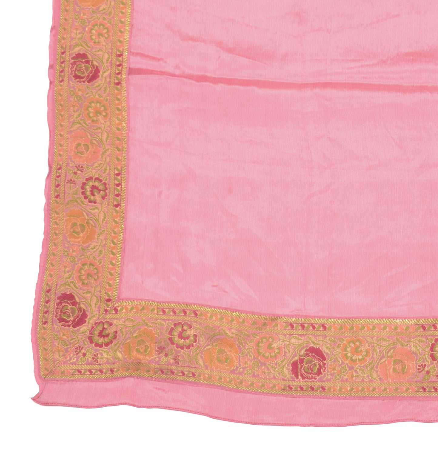 Sushila Vintage Pink Dupatta with Floral Woven Border Pure Chiffon Long Stole