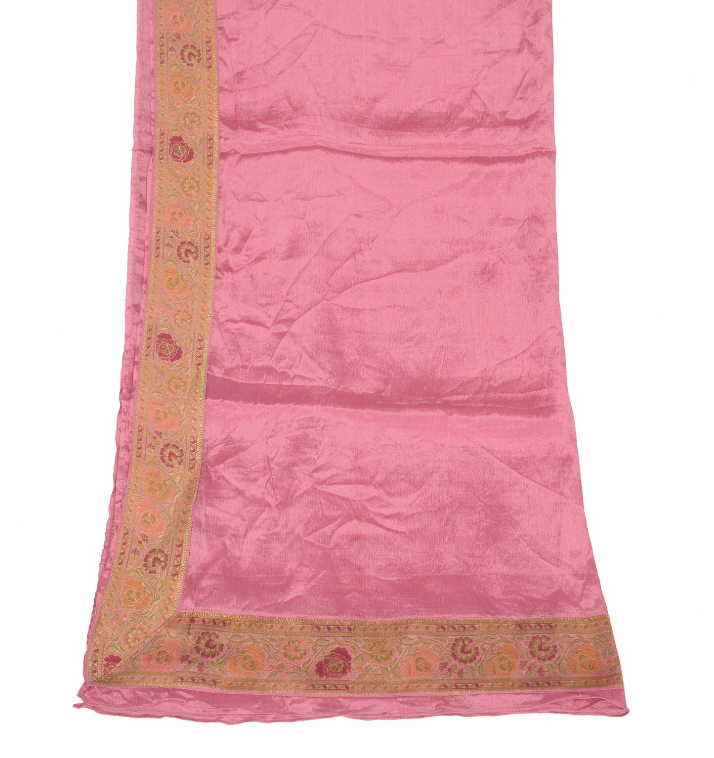 Sushila Vintage Pink Dupatta with Floral Woven Border Pure Chiffon Long Stole