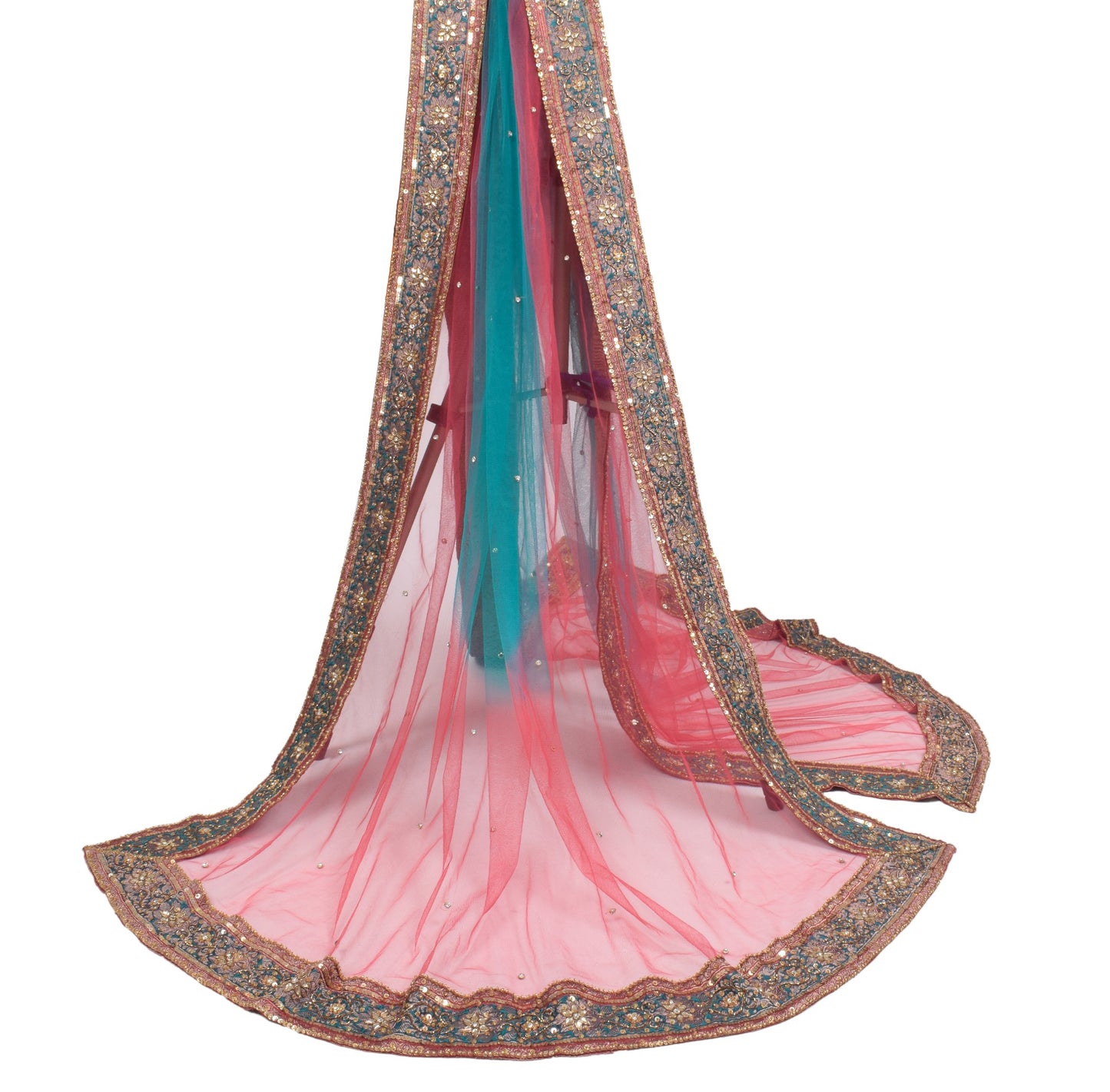 Sushila Vintage Teal Blue Pink Dupatta Net Mesh Hand Beaded Wedding Long Stole