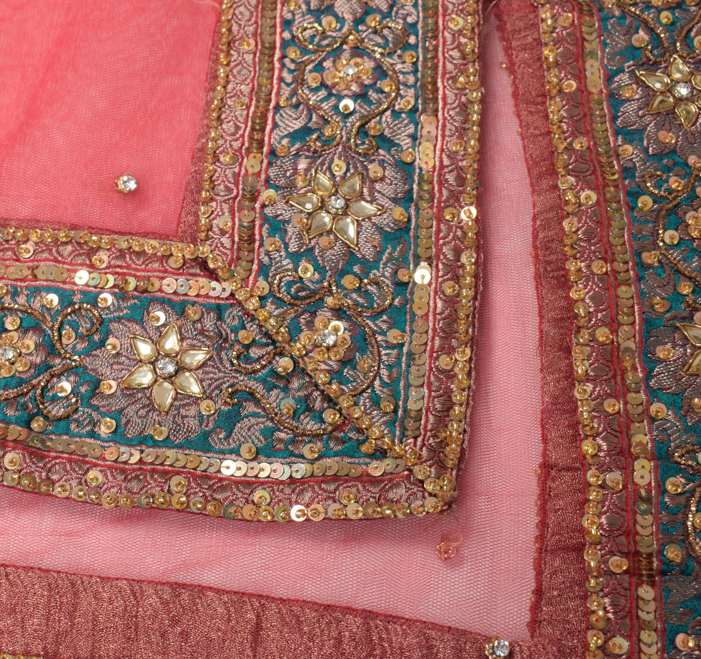 Sushila Vintage Teal Blue Pink Dupatta Net Mesh Hand Beaded Wedding Long Stole