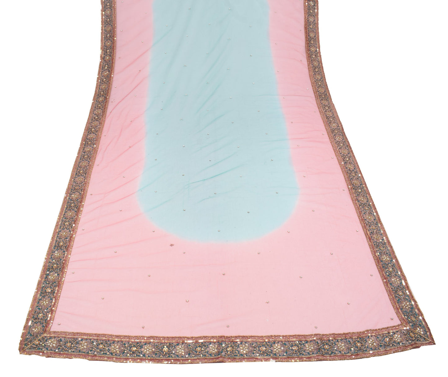 Sushila Vintage Teal Blue Pink Dupatta Net Mesh Hand Beaded Wedding Long Stole