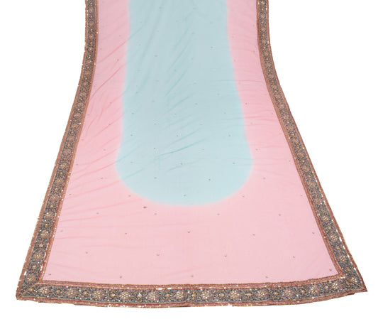 Sushila Vintage Teal Blue Pink Dupatta Net Mesh Hand Beaded Wedding Long Stole