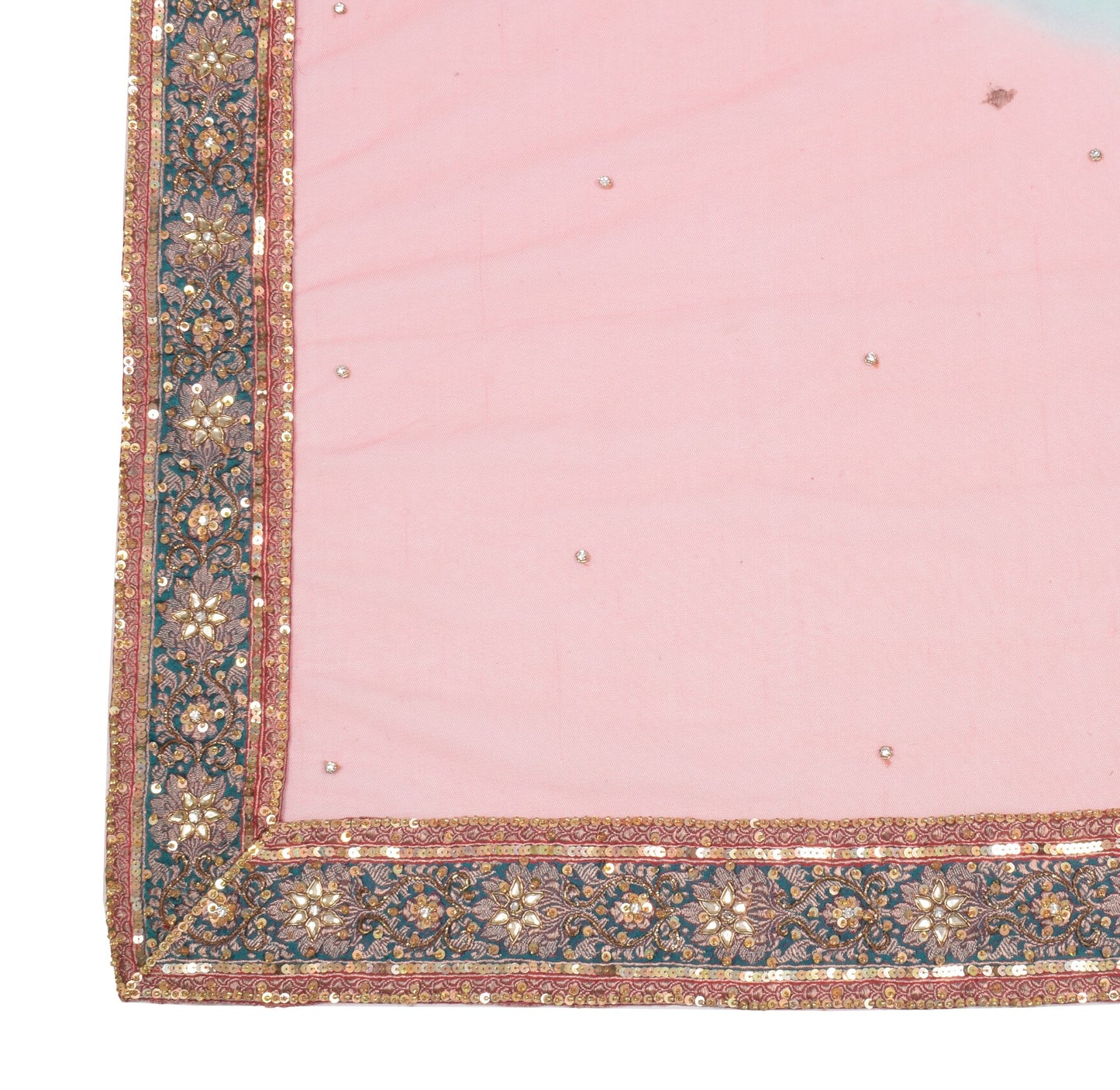 Sushila Vintage Teal Blue Pink Dupatta Net Mesh Hand Beaded Wedding Long Stole